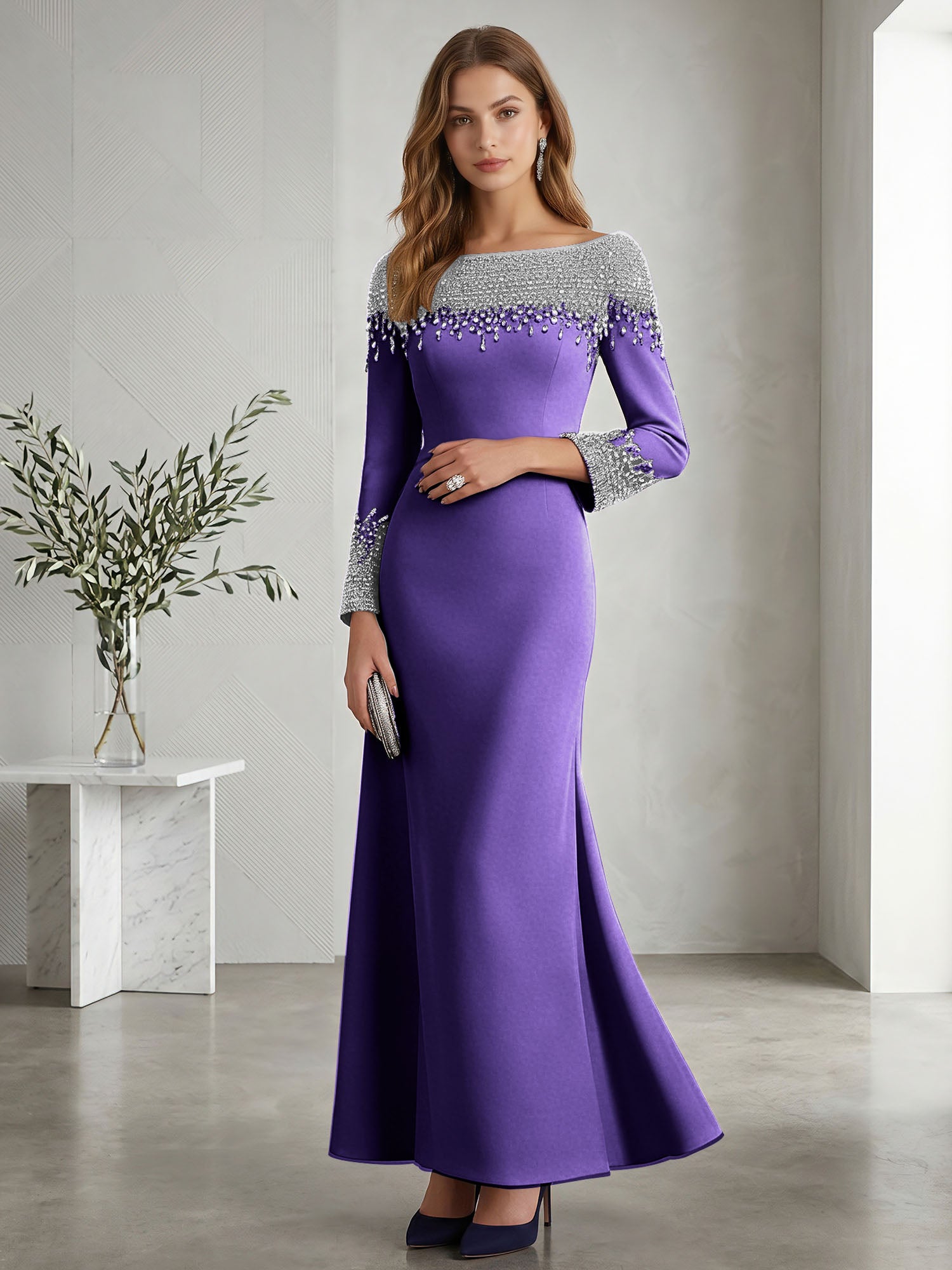 Formal Evening Dress Midnight Navy Velvet Long Sleeves Maxi Dress with Crystal