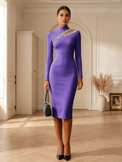 Formal Evening Gown Striking Obsidian Black Crystal Cutout Bodycon Midi Dress