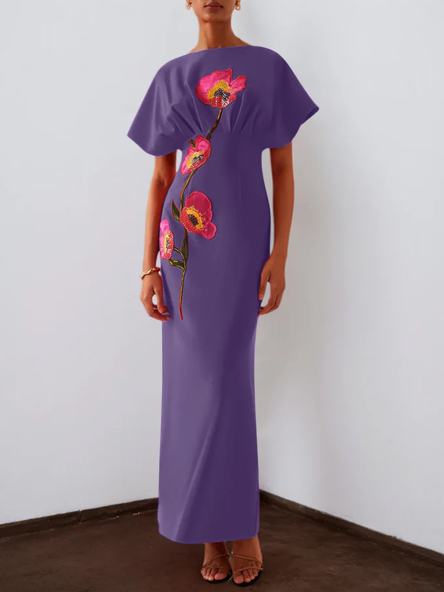 Red 3D Floral Appliqué Boat Neck Short Sleeve Backless Sheath Maxi Dress