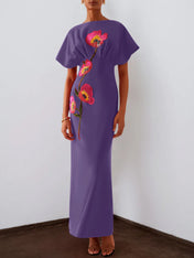 Red 3D Floral Appliqué Boat Neck Short Sleeve Backless Sheath Maxi Dress