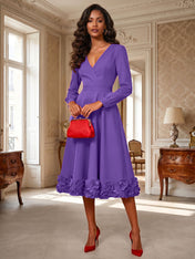 Formal Evening Gown Crimson 3D Rose Hem A-Line Midi Dress