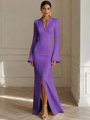 Formal Yellow V Neck Long Sleeves Floor Length Dress With Slit