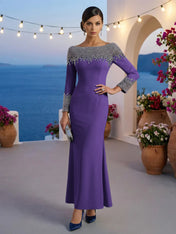 Formal Evening Dress Blue Velvet Long Sleeves Maxi Dress with Crystal
