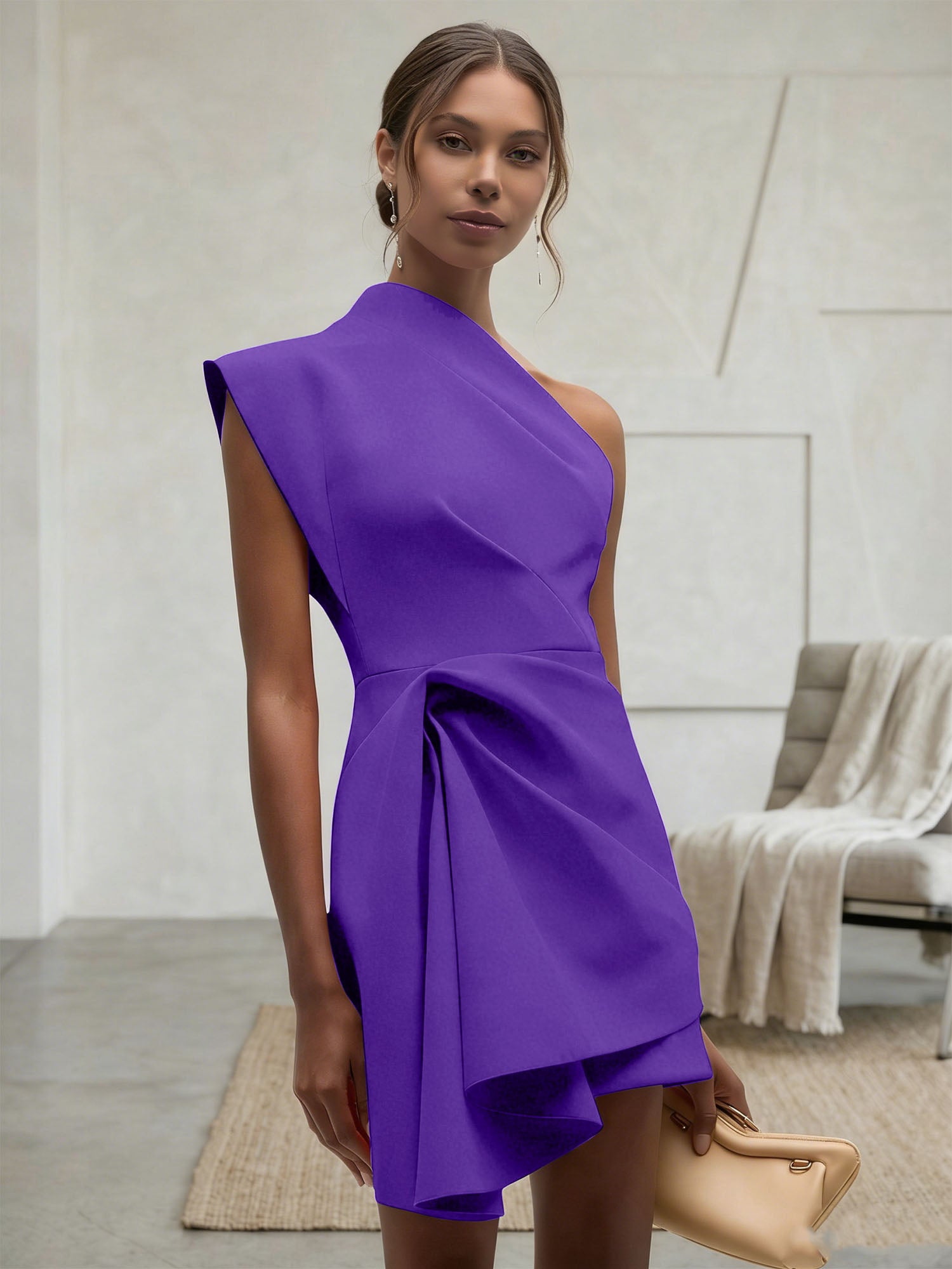 Purplish blue Ruched One Shoulder Sleeveless A-line Mini Homecoming Dress