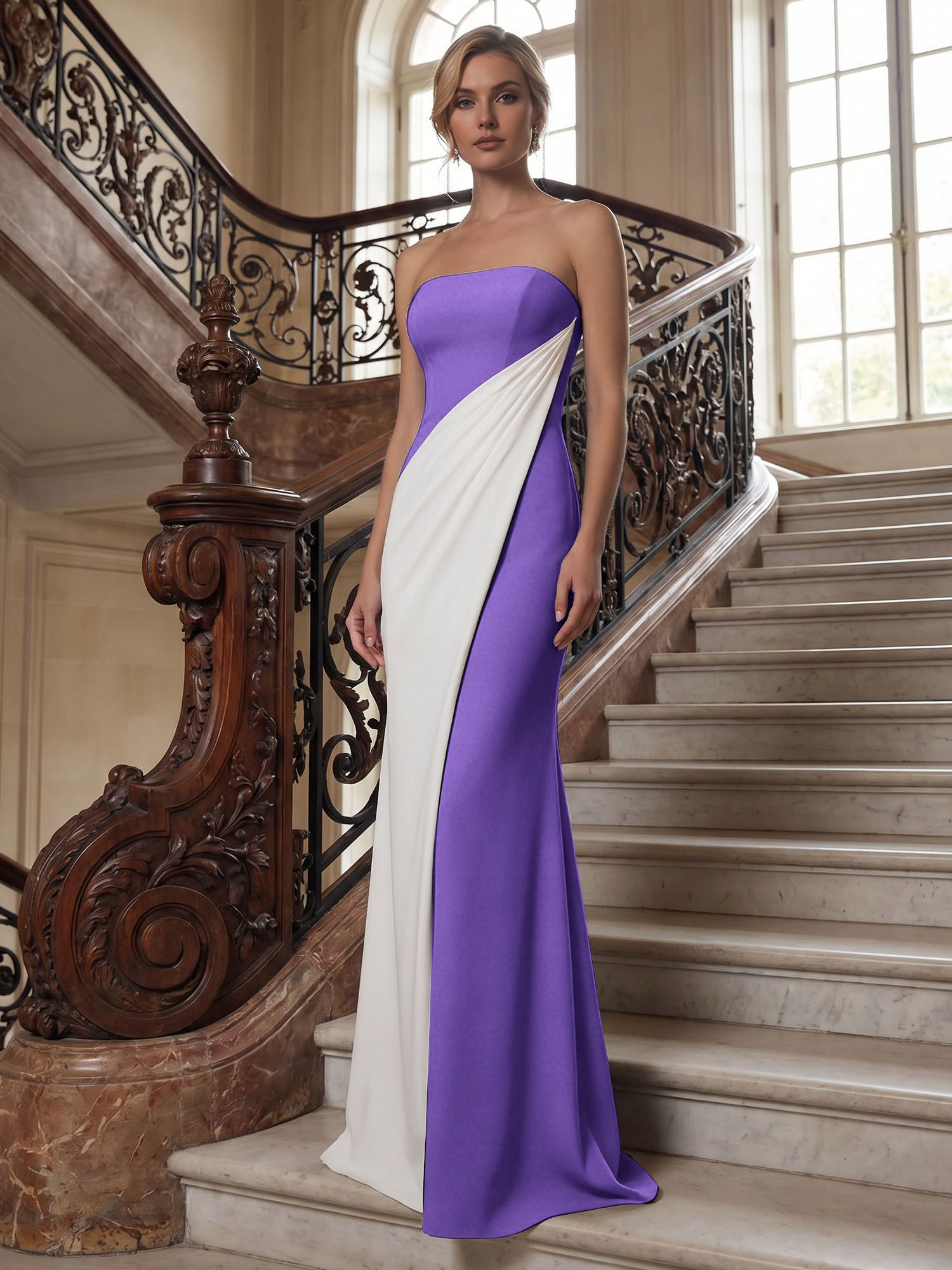 Black White Sheath Strapless Elegant Maxi Formal Dress