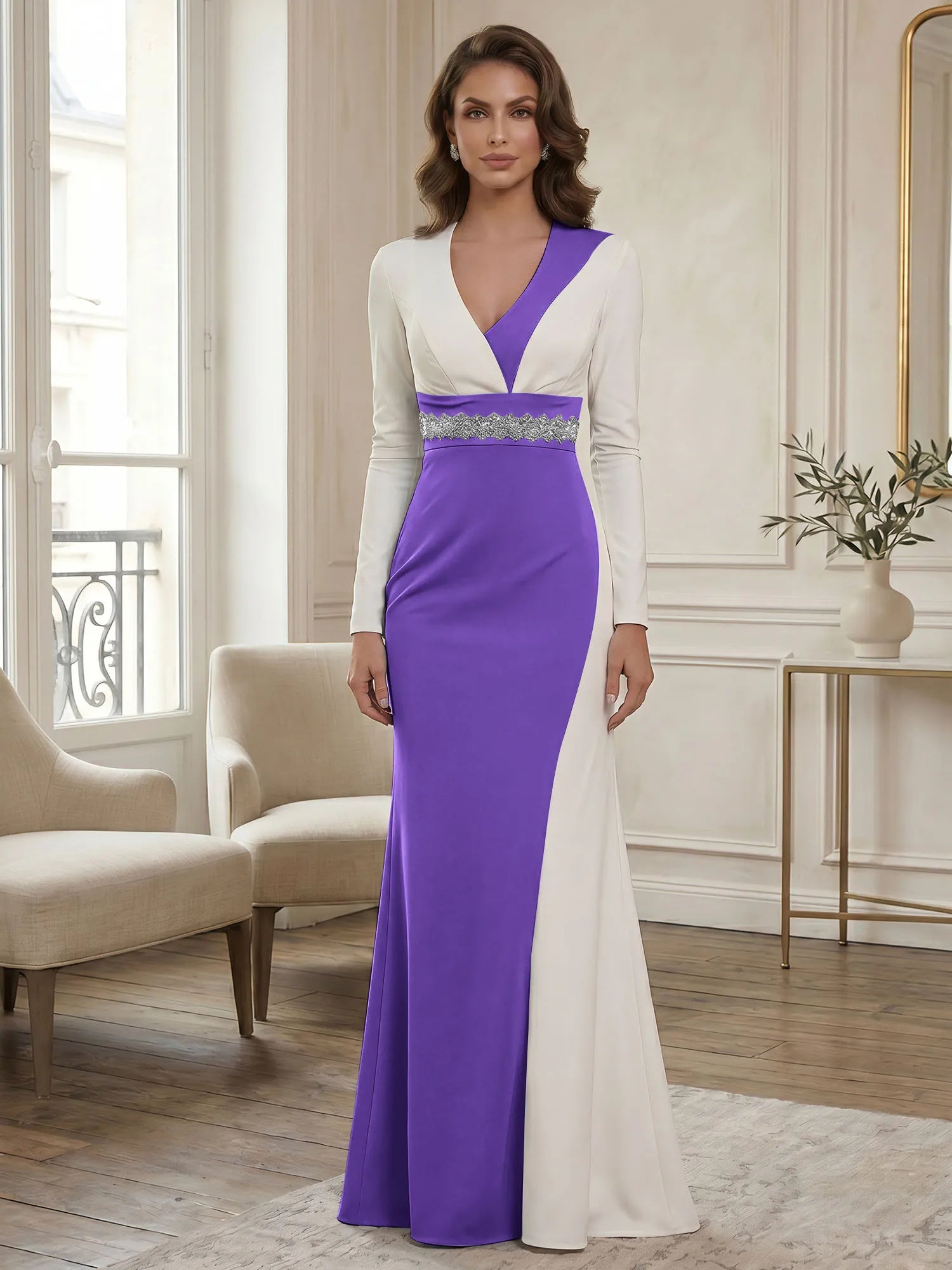 Elegant Navy & White Color-Block Long Sleeve Floor-Length Evening Gown Formal Dresses