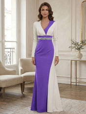 Elegant Navy & White Color-Block Long Sleeve Floor-Length Evening Gown Formal Dresses