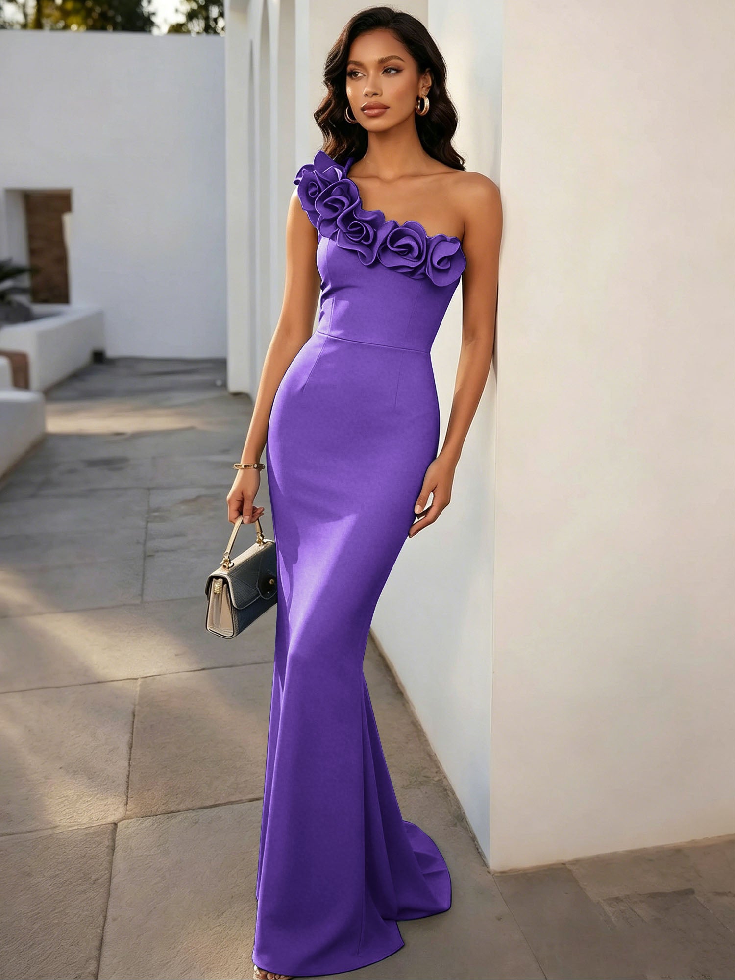Navy Blue 3D Floral Classic One Shoulder Sleeveless Mermaid Gown Dress