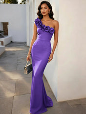 Navy Blue 3D Floral Classic One Shoulder Sleeveless Mermaid Gown Dress