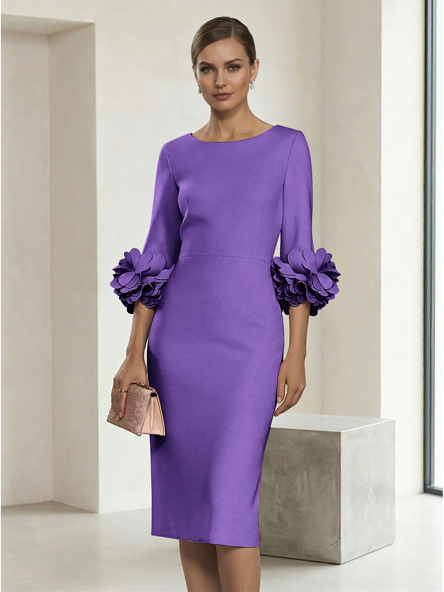 3/4 Sleeve Boat Neck Sheath Midi Dress with 3D Floral Cuffs