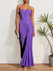 White Pleated Classic Strapless Sleeveless A-Line Maxi Dress