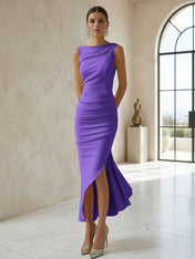 Elegant Formal Evening Gown Butter Yellow Ruched Asymmetrical Midi Dress