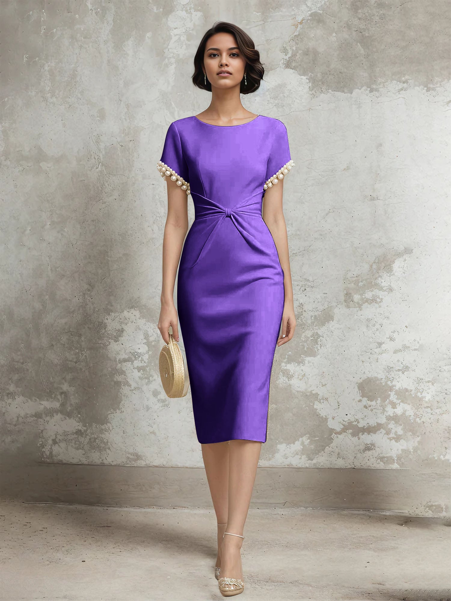 Column Short Sleeve Tea Length Dress With Pearls