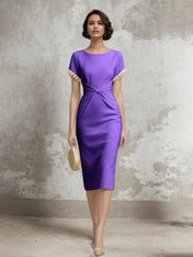 White Stretch Crepe Sheath/Column Short Sleeve Tea Length Dress With Pearls