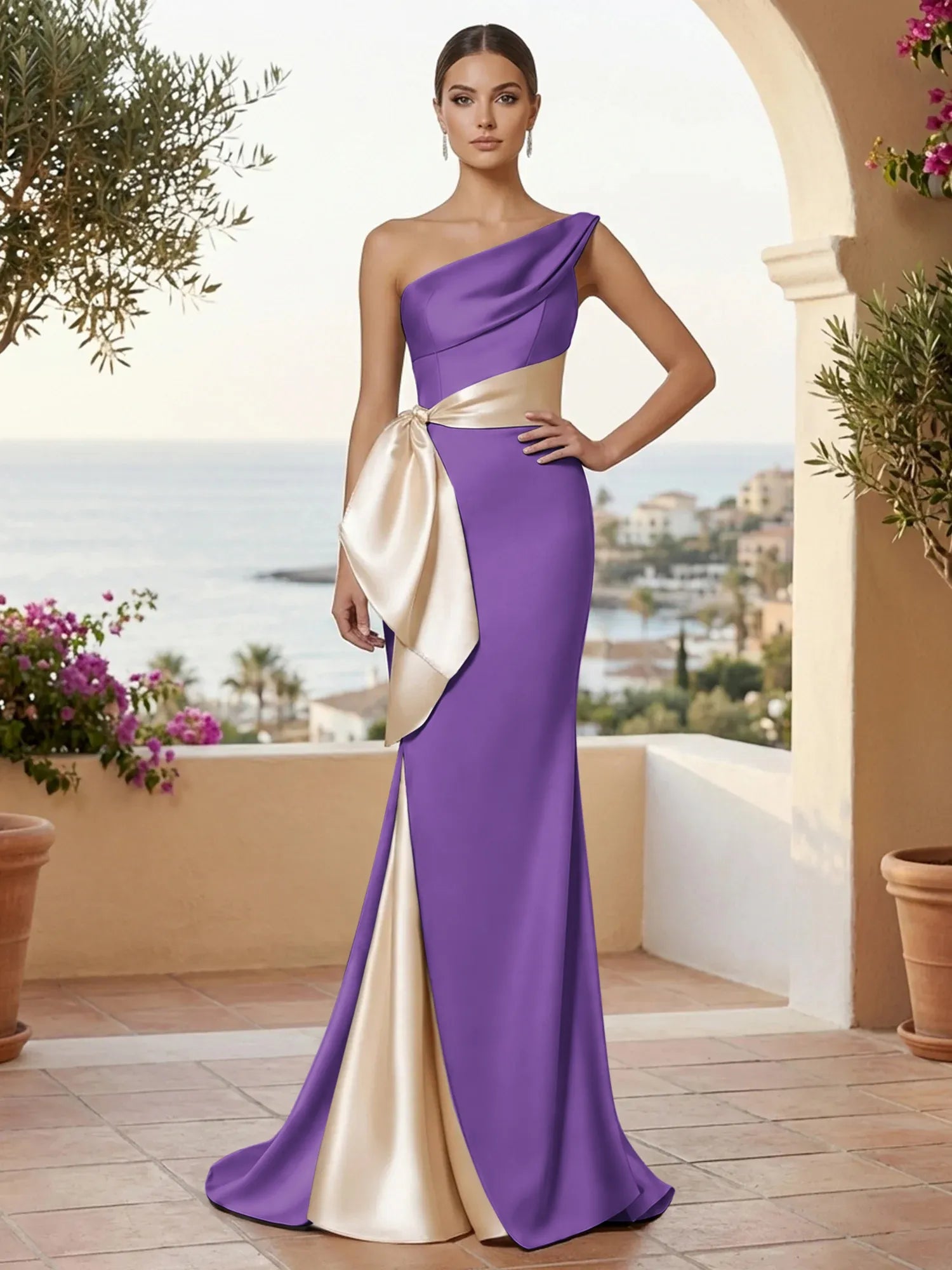 One Shoulder Mermaid Satin Pleat Evening Dresses with Bow