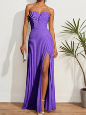 Pleated Classic Strapless Sleeveless A-Line Maxi Dress