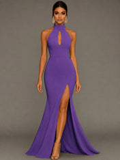 Mermaid Halter Neck Satin Formal Dress with Slit