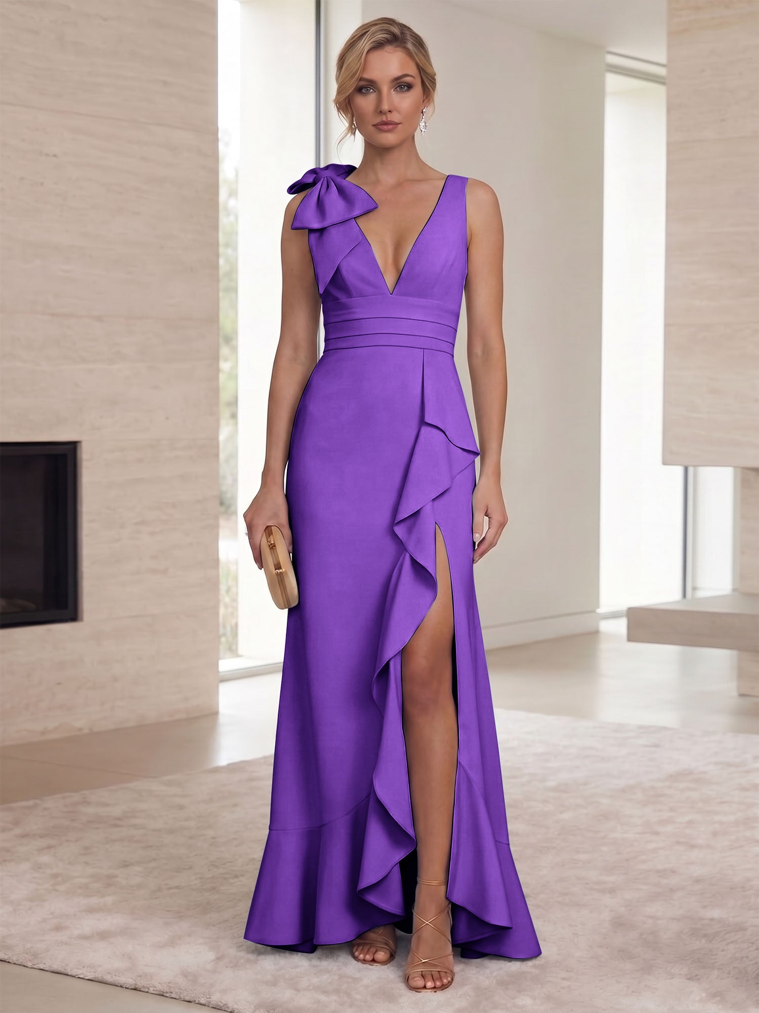 Ice Blue Bow-Accent Ruffle Slit Gown Formal Evening Dress