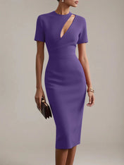 Red Sheath/Column Stretch Crepe Scoop Neck Short Sleeves Tea Length Dresses