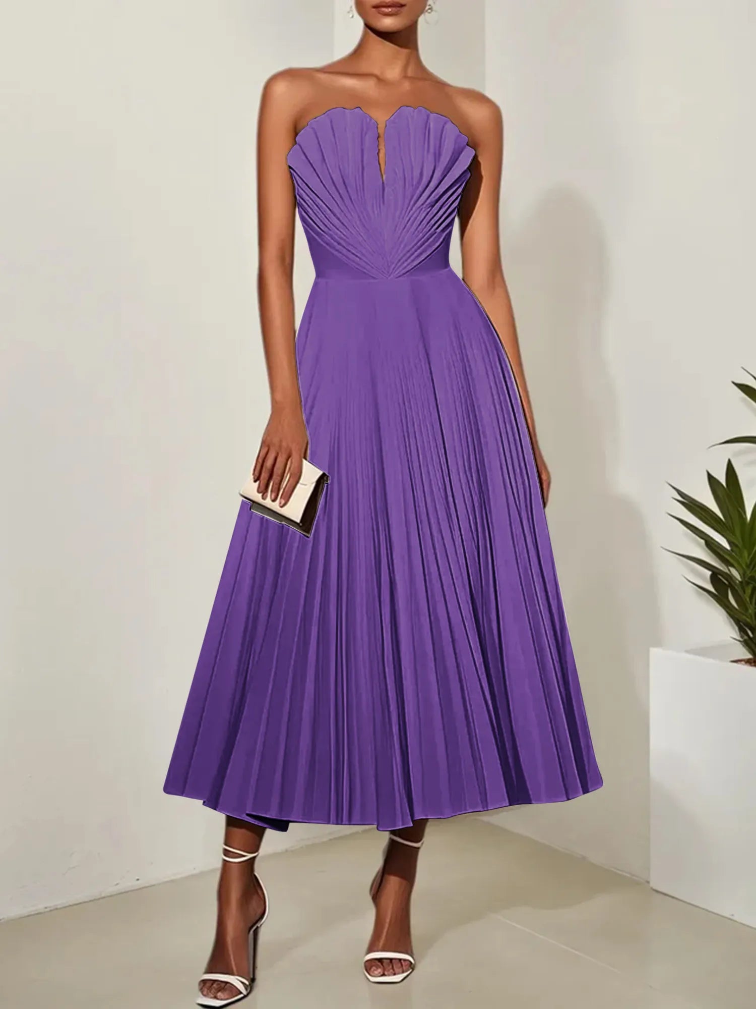 White Pleated Classic Strapless Sleeveless A-Line Midi Dress
