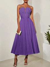 White Pleated Classic Strapless Sleeveless A-Line Midi Dress