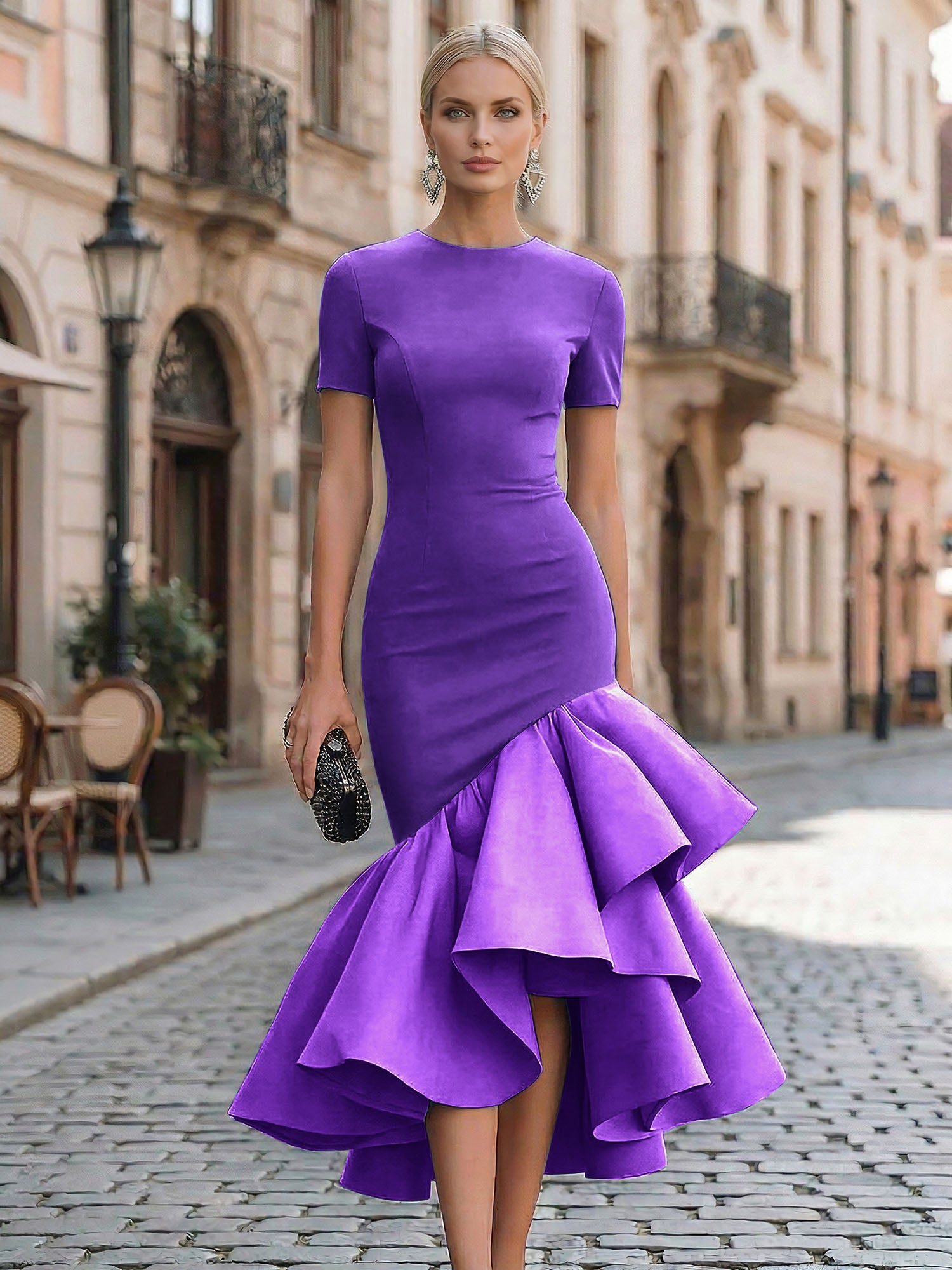 Evening Foraml Gown Avant-Garde Black Short-Sleeve Tiered Ruffle Midi Dress