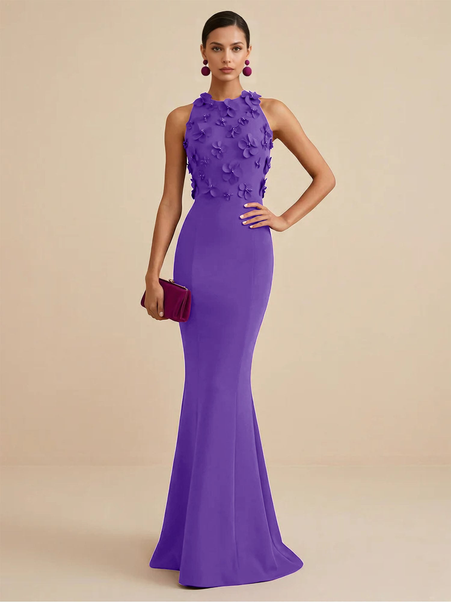 Deep Fuchsia Sleeveless High Neck 3D Floral Mermaid Formal Gown Evening Dress
