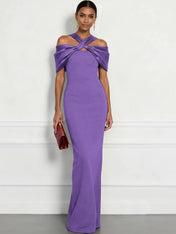 Regal Plum Crepe Column Gown with Satin Criss-Cross Halter Maxi Dress
