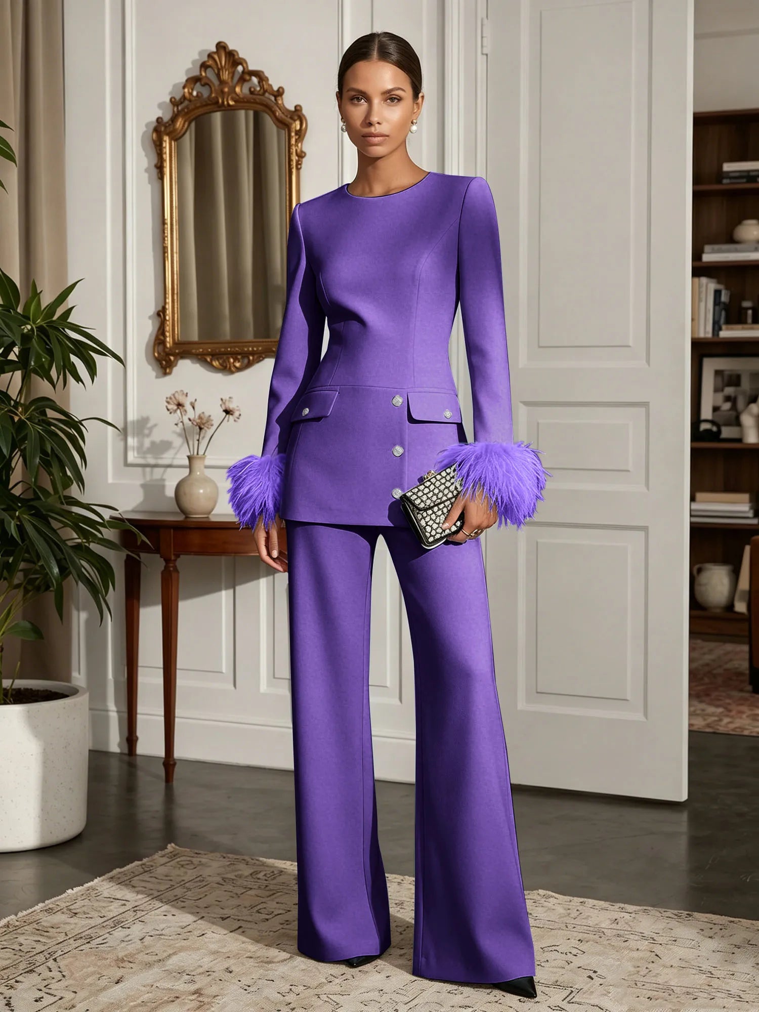Women's White Two-Piece Set: Buckle Detail Feather-Trimmed Top & Straight-Leg Pants