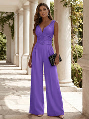 Women Pink Lace Deep V Neck Sleeveless Dressy Jumpsuit
