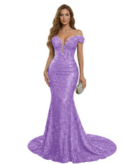 Sparkly Off The Shoulder Sequin Long Mermaid Corset Prom Dresses