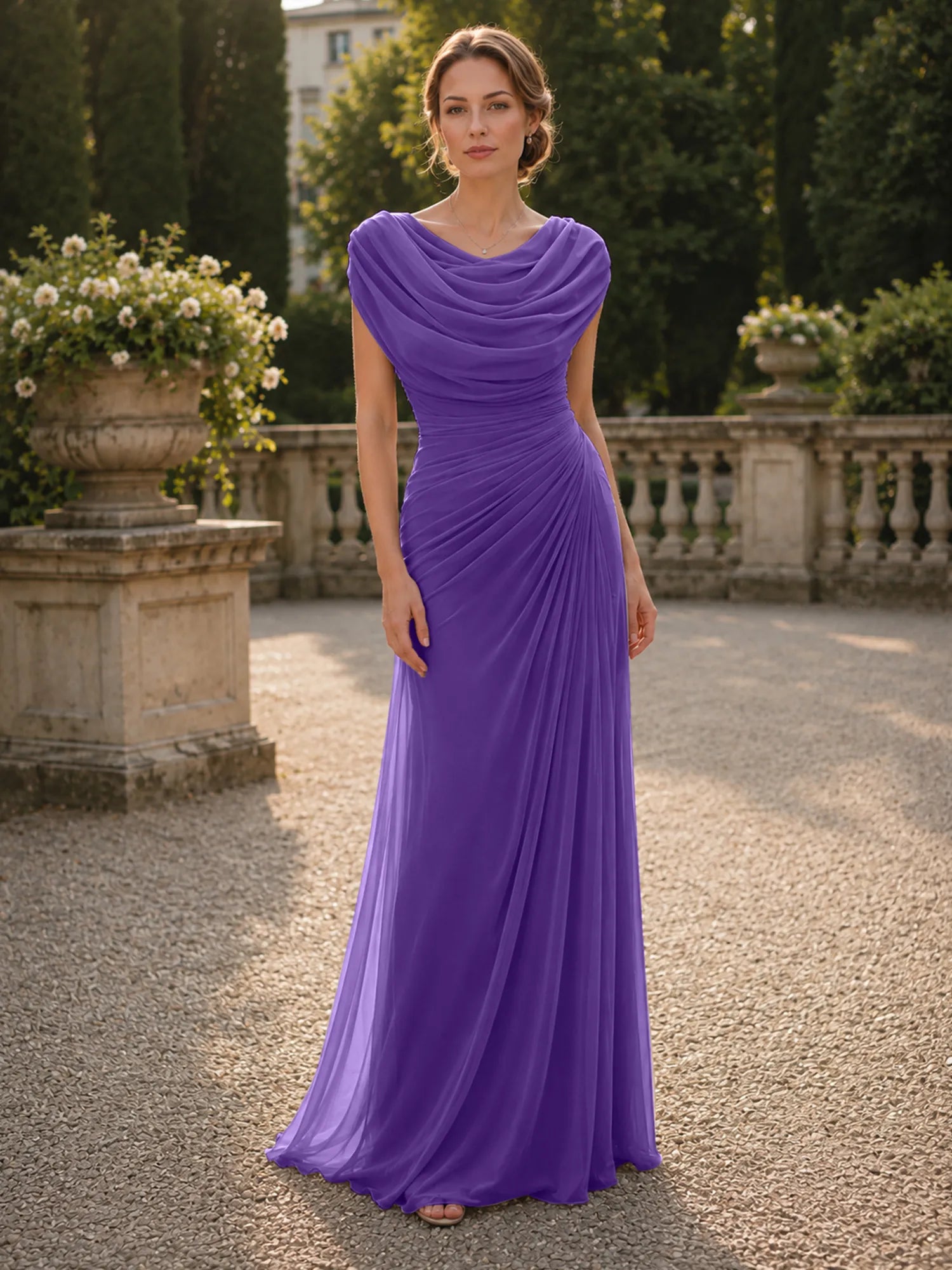 Cowl Neck Mermaid Evening Dresses with Flowing Floor-Length Skirt