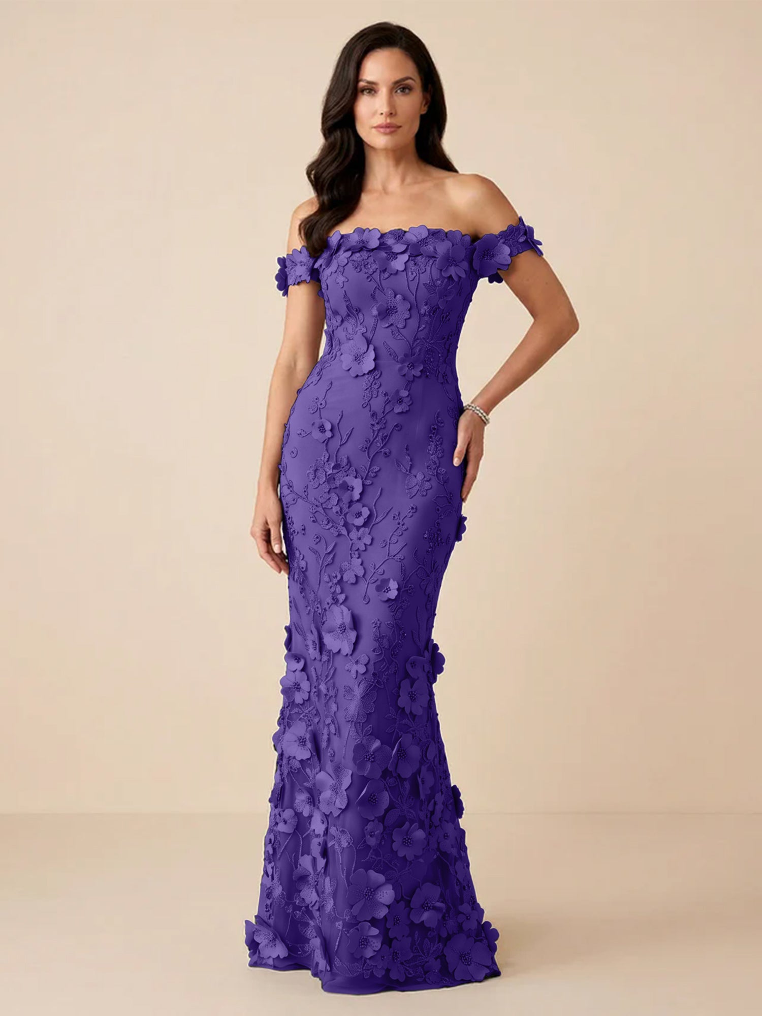 Black Off-the-Shoulder 3D Floral Mermaid Formal Gown Evening Dress