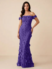 Black Off-the-Shoulder 3D Floral Mermaid Formal Gown Evening Dress