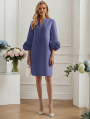 3D Floral Classic Notched Long Sleeve A-Line Midi Dress