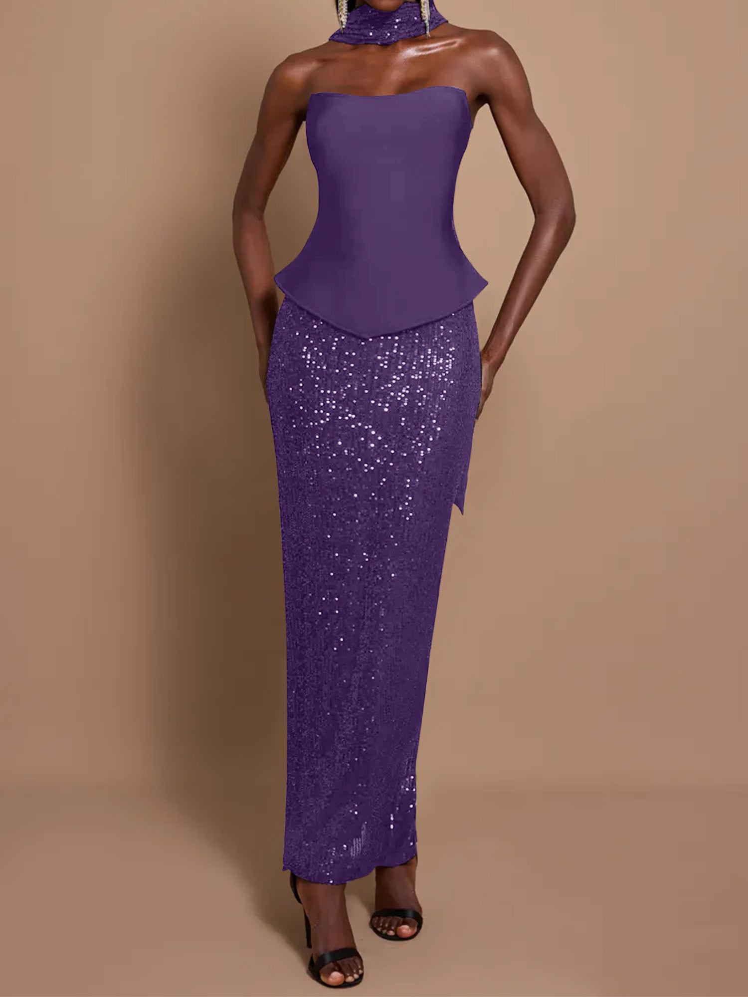 Off-Shoulder Bandage Top & Sequin Midi Skirt Set