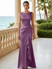 Dusty Blue Scoop Neck Evening Dress with Ruffle Mermaid Maxi Dress