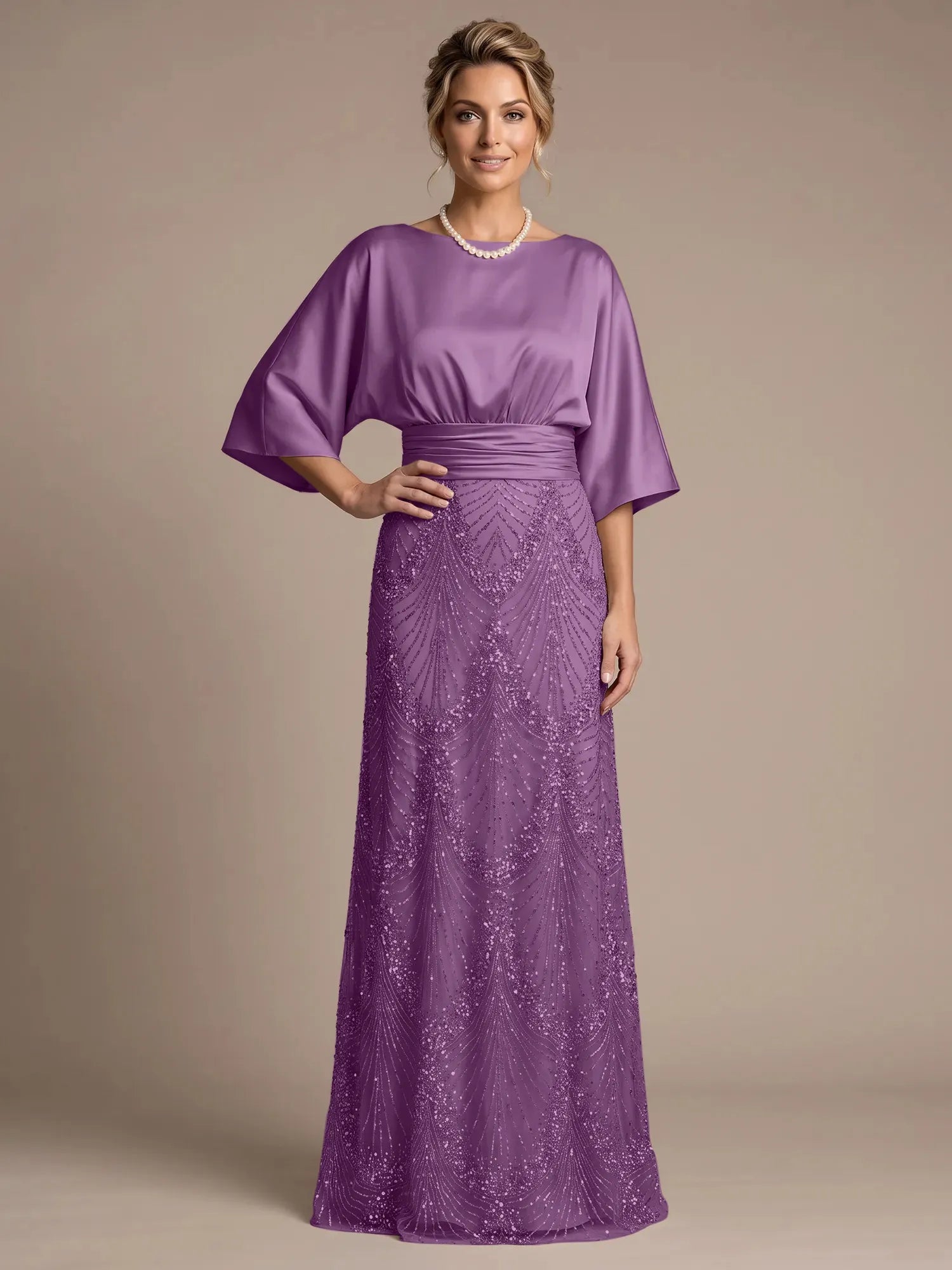 Bateau Neck Satin Evening Gown with 3/4 Batwing Sleeves Mother of The Bride Dresses