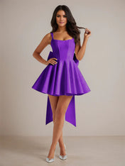 A-Line Square Neck Pleated Mini Homecoming Dress with Bow