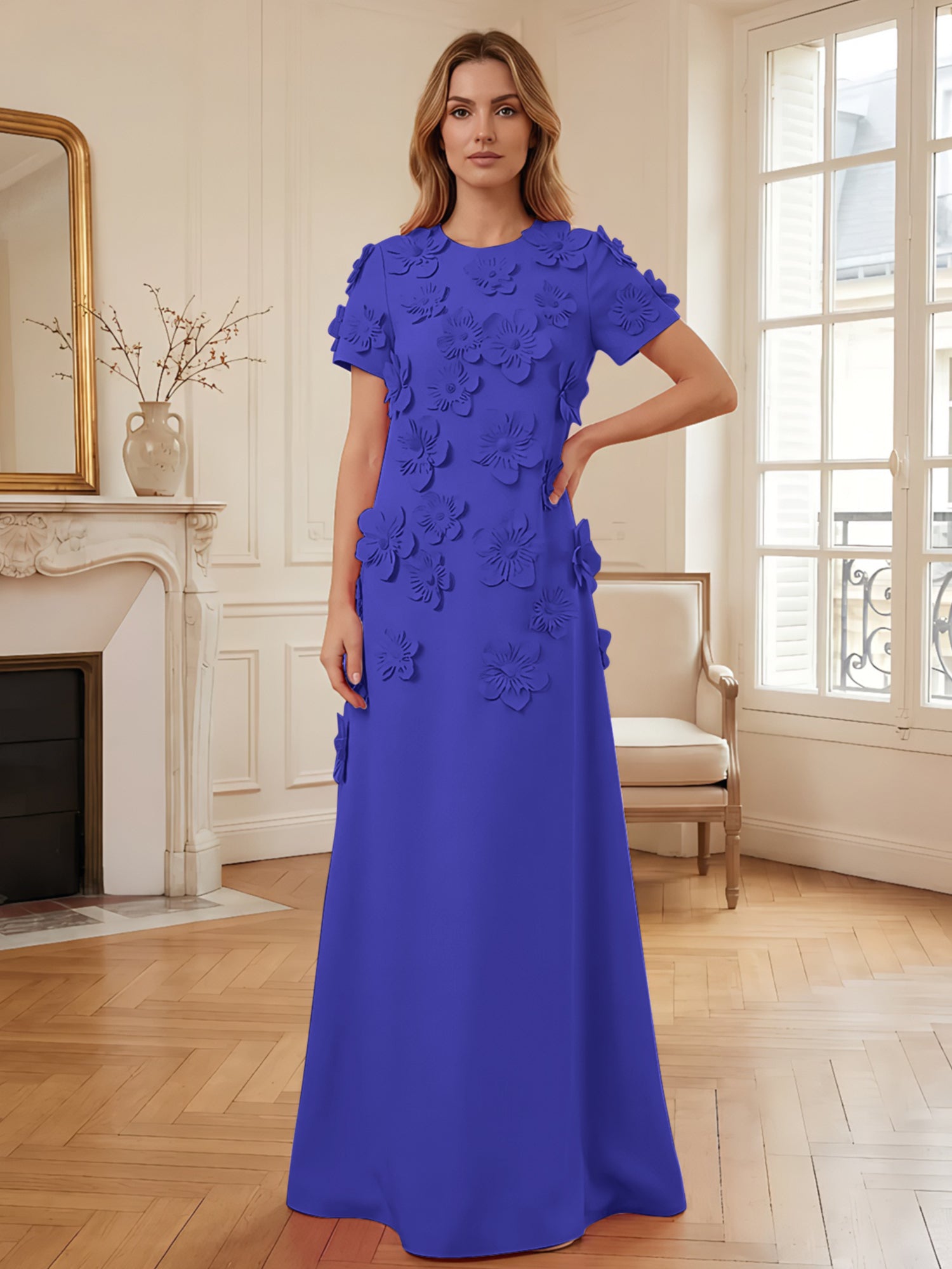Short Sleeve Crew Neck A-Line Gown with 3D Floral Appliques Evening Dresses