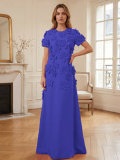 Short Sleeve Crew Neck A-Line Gown with 3D Floral Appliques Evening Dresses