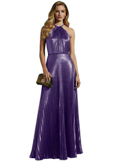 Luxurious Champagne-Gold Pleated Halter Long Prom Dress