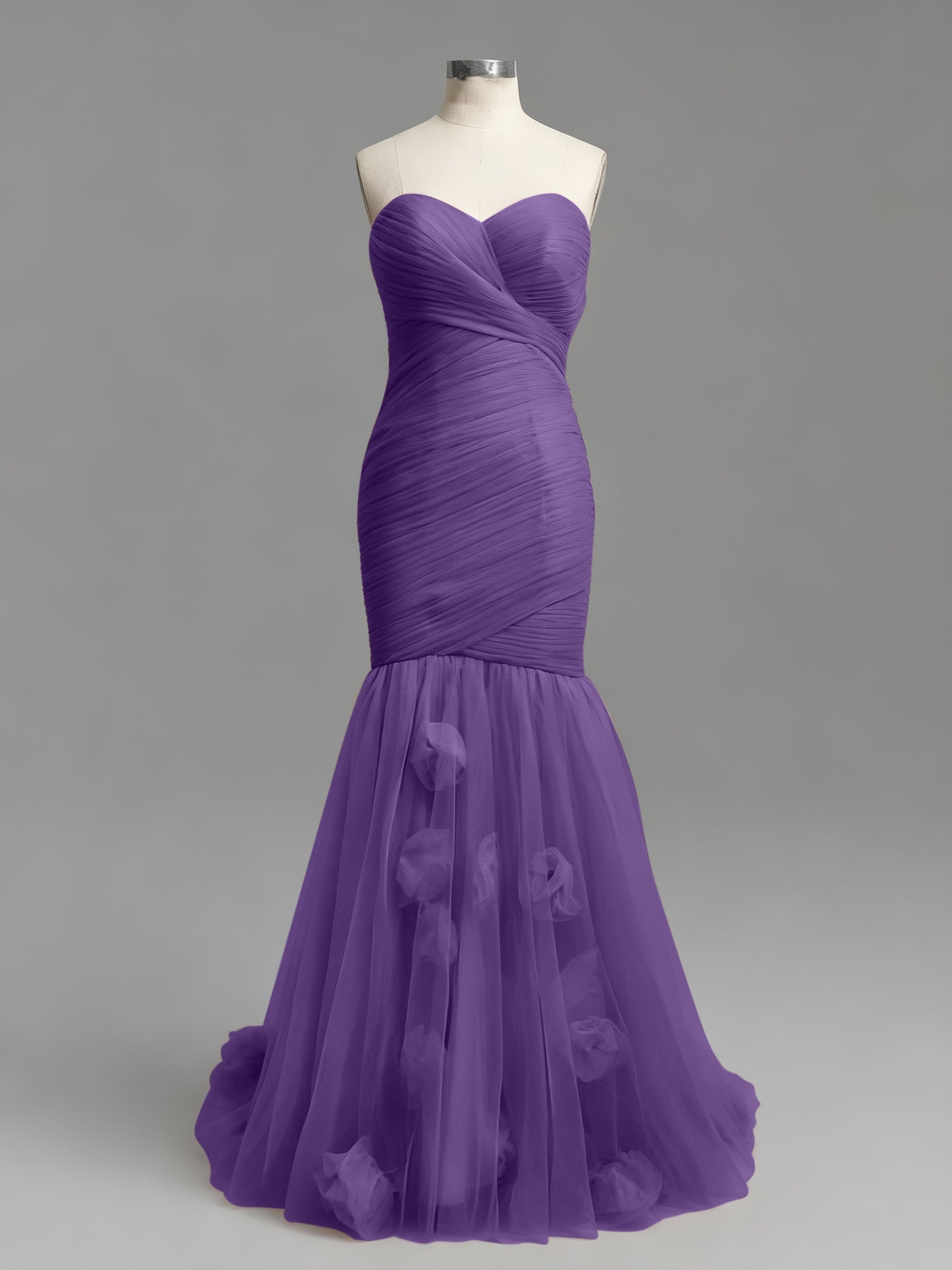 Dusty Rose Mermaid Strapless Ruched Tulle Prom Dress with 3D Floral