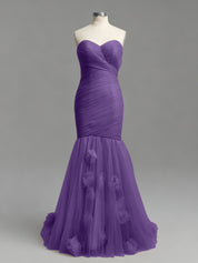 Dusty Rose Mermaid Strapless Ruched Tulle Prom Dress with 3D Floral