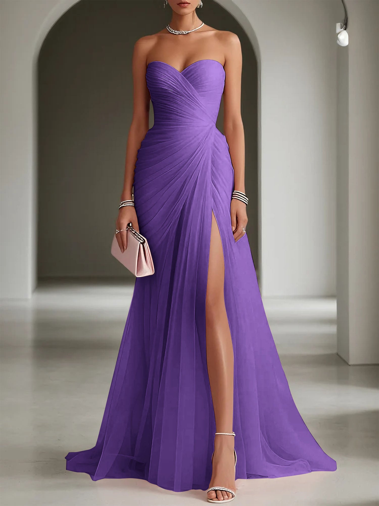 Pink Ruched Slit Tulle Strapless Sleeveless Sheath Gown Dress