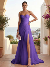 Strapless Sweetheart High Slit Tulle Pleat Prom Dress Evening Dresses