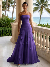 Light Blue Evening Dress with 3D Flower Strapless Pleat Maxi Dress