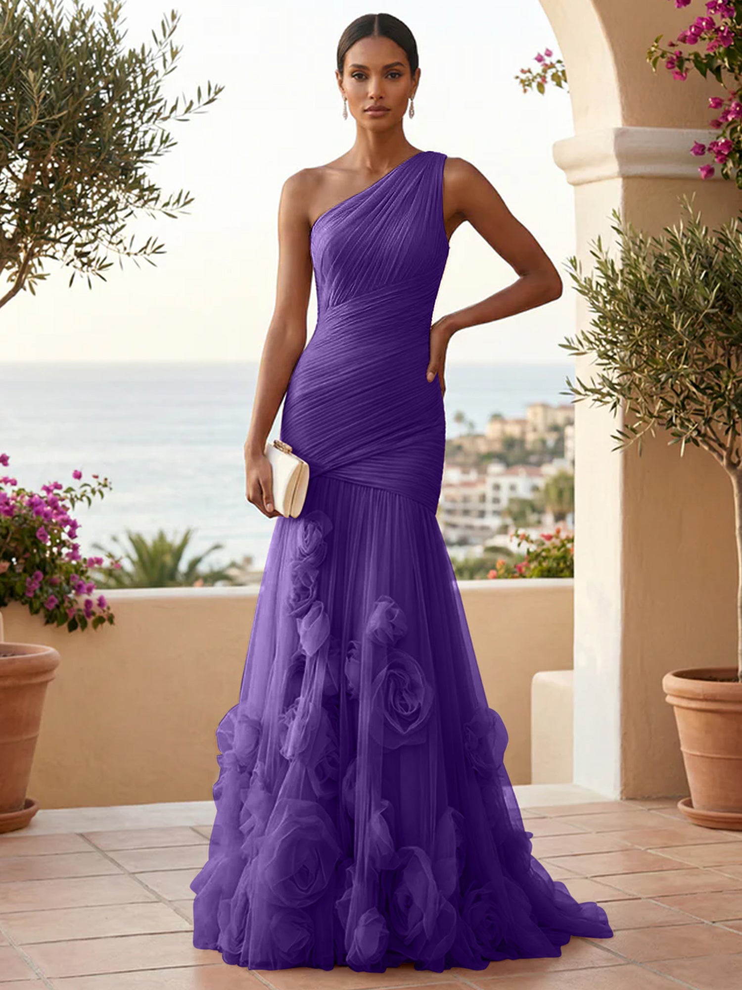 Sweetheart Tulle Pleat One Shoulder Mermaid Evening Dresses Gown with 3D Flower