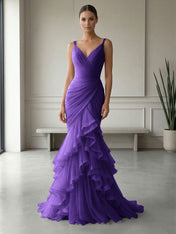 Mauve Folds Tulle Strapless Sleeveless Mermaid Gown Dress