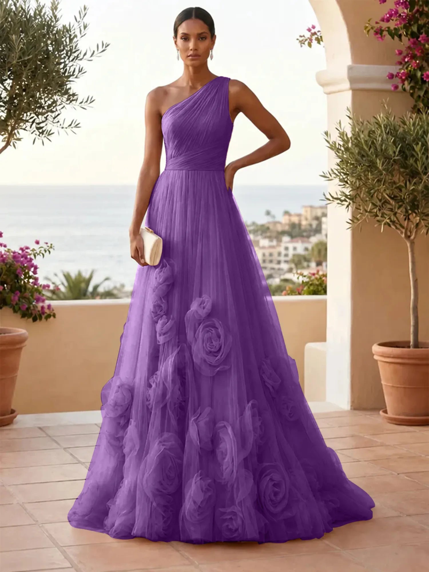 One-Shoulder Sweetheart Tulle Ball Gown with 3D Floral Accents Evening Dresses